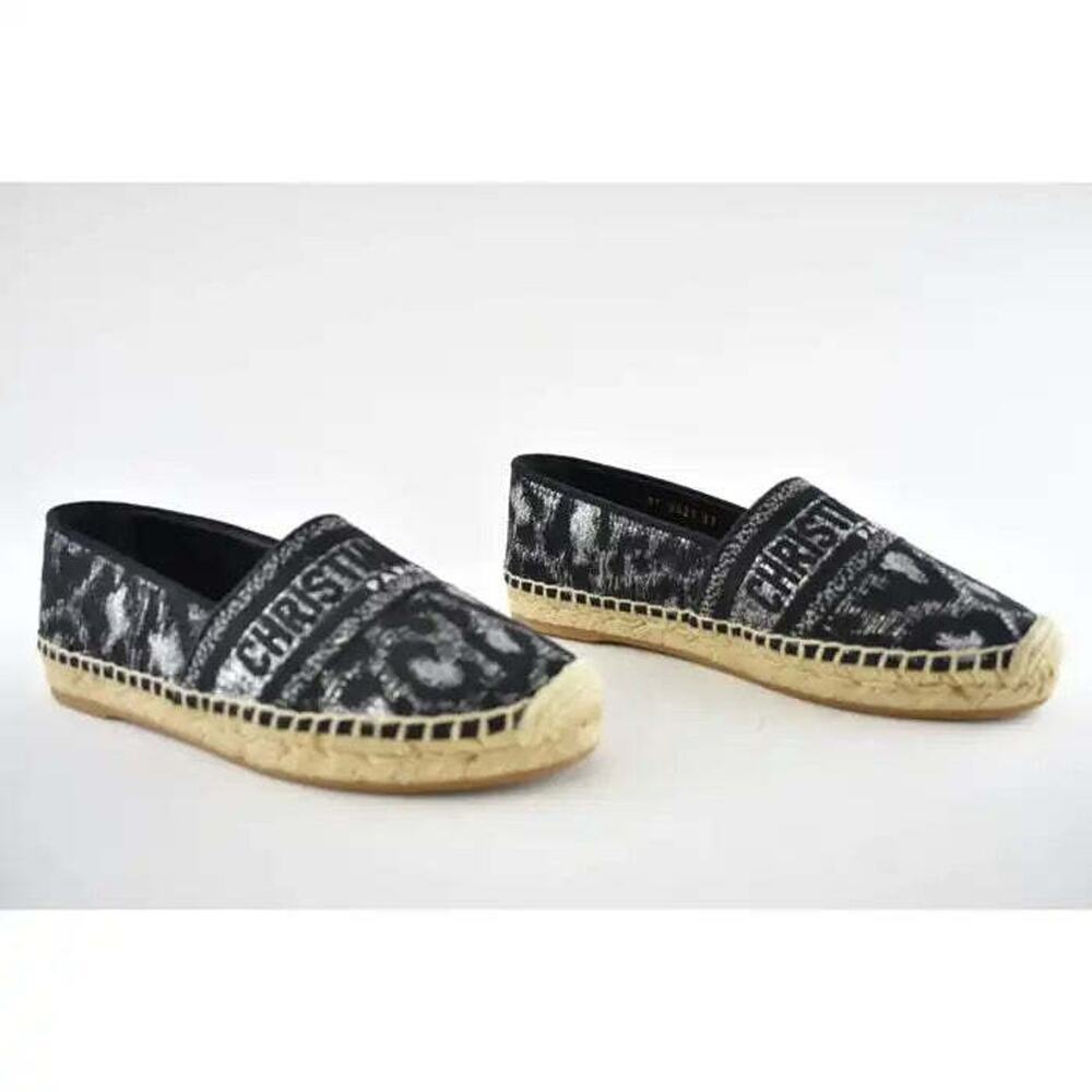 Dior Granville Mizza Lurex Embroidered Black Grey Silver Logo Espadrille Flat 37 - Picture 3 of 12